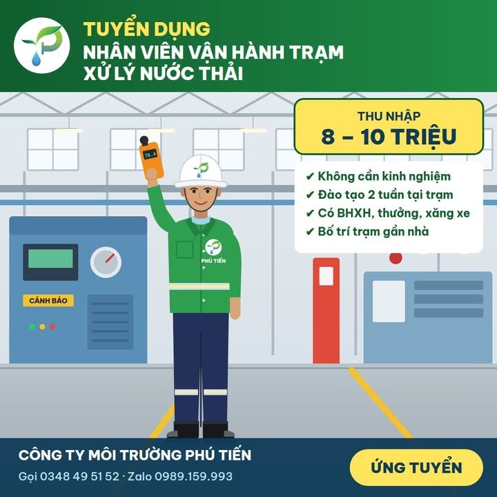 Tuyển dụng nhân viên vận hành trạm xử lý nước thải Phú Tiến